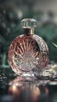 A delicate and noble glass perfume bottle was placed in the middle of the water,The sunlight asperses full, on the water flutters falls the petal, generate ai photo