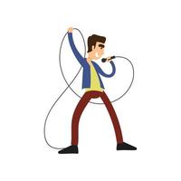 Young man singing with microphone cartoon character vector icon illustration