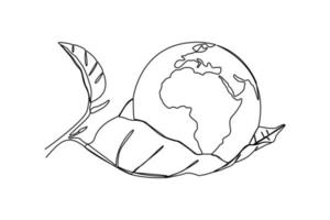 Single one line drawing globe on leaves. Earth day concept. Continuous line draw design graphic vector illustration.