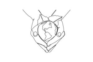 Single one line drawing happy hand hold earth. Earth day concept. Continuous line draw design graphic vector illustration.