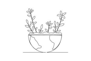 Single one line drawing plants on globe. Earth day concept. Continuous line draw design graphic vector illustration.