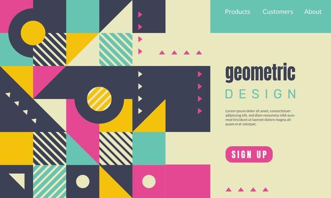Retro abstract geometric design. Landing page template with geometric pattern. Colorful circles, squares, rhombuses and other shapes. - Vector.