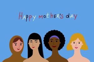 Happy mother's day. Congratulations on the international holiday. Hand drawing of a woman mom of different races and hand lettering . Cartoon illustration. For postcards, banners, printing products. vector