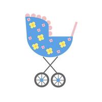 Baby carriage. Cute blue baby stroller with floral design. Cartoon flat vector illustration. Babies, baby shower, newborn and baby room design concept. Design element on isolated white background