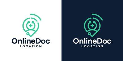 Stethoscope logo design template with signal wifi and pin location design vector illustration. Symbol online doctor location, icon, creative.
