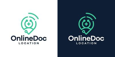 Stethoscope logo design template with signal wifi and pin location design vector illustration. Symbol online doctor location, icon, creative.