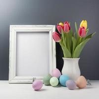 Free photo easter eggs with tulips in vase and blank frame, generat ai