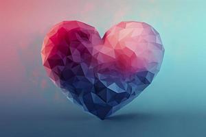 un corazón forma hecho con polígonos en rosado matices en un ligero azul degradado fondo, generar ai foto