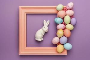 Free photo top view of colorful easter eggs with bunny and frame, generat ai