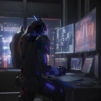 A picture of optimus prime as a forext trader looking at trading monitors with stock charts, photorealistic, 8k, generat ai photo