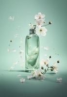 a small bottle with flowers is flying around, in the style of minimal retouching, gong bi, soft color blending, light green and white, layered imagery, generat ai photo