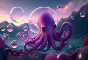 A surrealistic hyperrealistic fairytale cute octopus. The background is a landscape with purple, pink  and iridescent soap bubbles floating around, generat ai photo