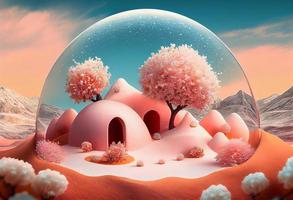 a surrealistic fairytale valley winter landscape with an igloo, peach-colored trees with blue flowers on it, pink and peach cotton-candy-balls on sticks, generat ai photo