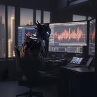 A picture of optimus prime as a forext trader looking at trading monitors with stock charts, photorealistic, 8k, generat ai photo