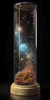 Glass tube contained the oceans, earth, wind, fire, ether, entire nature universe with stargazing nebula and stars, galaxies, generate ai photo