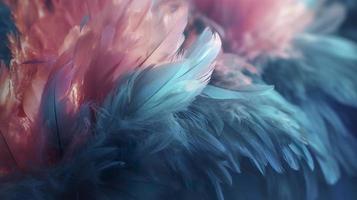 a bright blue background with one Deep Carmine Pink  Flamingo feathers, in the style of soft and dreamy pastels, glimmering light effects, nature-inspired imagery, generat ai photo