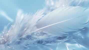 a bright blue background with one white feather, in the style of soft and dreamy pastels, glimmering light effects, nature inspired imagery, fairycore, soft focal points, generate ai photo