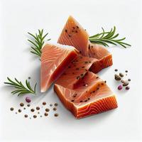 Salmon slices isolated on white background with clipping path, cubes of red fish with rosemary and peppercorns, ingredient for sushi or salad, generate ai photo