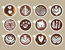 Set of coffee latte art in white cups. Top down view. Variety of patterns of milk foam on coffee. Fashion vector illustration. Separate isolated elements for use in the web, applications.