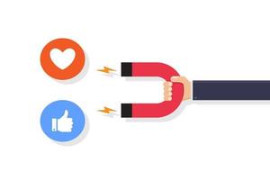 Social media concept with hands holding magnets and pulling like icon vector