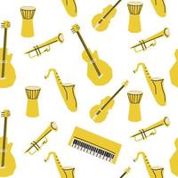 sin costura modelo con ilustración de musical instrumentos en corte estilo amarillo color en blanco antecedentes vector