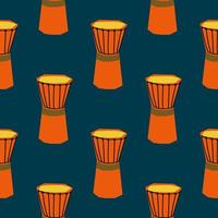 Seamless pattern with illustration of musical instrument drum in cutting style orange color on dark blue background vector