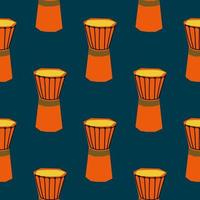 Seamless pattern with illustration of musical instrument drum in cutting style orange color on dark blue background vector