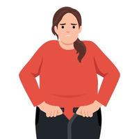 infeliz exceso de peso mujer incapaz a sujetar vaqueros, necesitar perder peso para cuerpo mantener adaptar. grasa hembra sufrir desde excesivo peso corporal. dieta, sano estilo de vida concepto vector