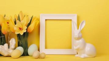 Free photo an empty white border frame decorated with lily flowers, rabbit figurine and easter eggs on yellow background, generat ai