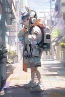 photorealism, a super cool spacepunk chick, she is walking on a street in a space station with headphones on, her clothing is futuristic and colorful, generat ai photo