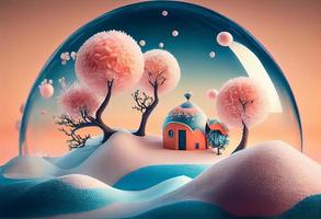 a surrealistic fairytale valley winter landscape with an igloo, peach-colored trees with blue flowers on it, pink and peach cotton-candy-balls on sticks, generat ai photo