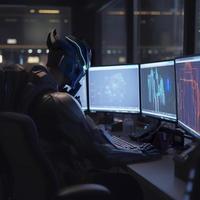 A picture of optimus prime as a forext trader looking at trading monitors with stock charts, photorealistic, 8k, generat ai photo