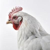 retrato de un jengibre pollo en pie aislado en blanco fondo, perfil ver de un pollo blanco fondo, fotorrealista, hiperrealismo, generar ai foto