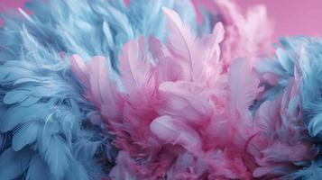 a bright blue background with one Deep Carmine Pink  Flamingo feathers, in the style of soft and dreamy pastels, glimmering light effects, nature-inspired imagery, generat ai photo