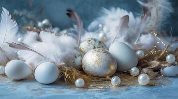 un brillante azul antecedentes con uno blanco abajo plumas y huevos, en el estilo de suave y soñador pasteles, resplandeciente ligero efectos, inspirado en la naturaleza imágenes, generar ai foto