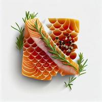 Salmon slices isolated on white background with clipping path, cubes of red fish with rosemary and peppercorns, ingredient for sushi or salad, generate ai photo