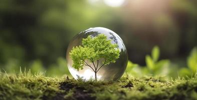 Photo glass globe ball with tree growing and green nature blur background eco earth day concept, generat ai