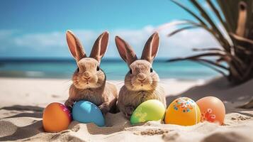 Easter bunnies and colorful easter eggs on a sand beach easter vacation photo