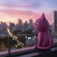 un antropomórfico rosado gato en bojack jinete animación estilo, reflejando en vida mientras mirando terminado el horizonte de buenos aires desde un techo durante crepúsculo, generar ai foto