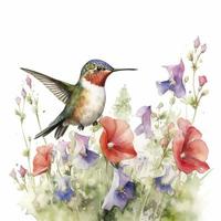 one hummingbird in a field of spring wildflowers, watercolour, blank white background, generat ai photo