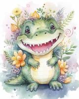 dreamy watercolor cute happy chibi crocodile with flowery fairytale background, generat ai photo