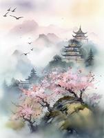 in spring, pink peach trees, green mountains, ancient buildings, a few swallows, a lot of white space, fog, fresh and bright colors,Watercolor children's illustration, generat ai photo