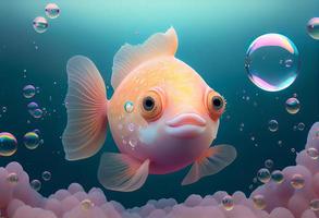 A surrealistic hyperrealistic fairytale cute cuddle fish. The background is a landscape with peach, pink and iridescent soap bubbles floating around, generat ai photo