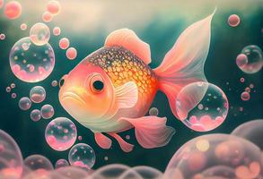 A surrealistic hyperrealistic fairytale cute cuddle fish. The background is a landscape with peach, pink and iridescent soap bubbles floating around, generat ai photo