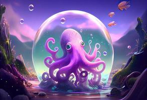 A surrealistic hyperrealistic fairytale cute octopus. The background is a landscape with purple, pink  and iridescent soap bubbles floating around, generat ai photo