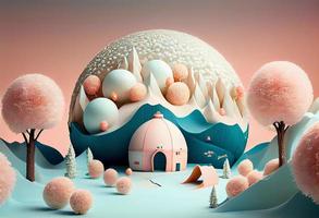 a surrealistic fairytale valley winter landscape with an igloo, peach-colored trees with blue flowers on it, pink and peach cotton-candy-balls on sticks, generat ai photo