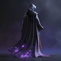 A dark and powerful being from the edge of the cosmos, its body is made of ashen mist and purple chaos, it wears an iridescent cloak that is reminicent of a nebula, generate ai photo