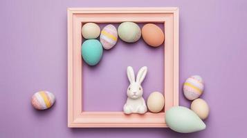 Free photo top view of colorful easter eggs with bunny and frame, generat ai