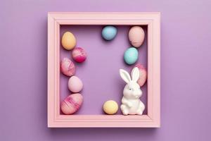 Free photo top view of colorful easter eggs with bunny and frame, generat ai