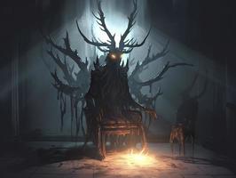 DnD art shrouded monster wreathed in lightening with antlers standing in darkened corner of a medieval throne room, dark, generat ai photo